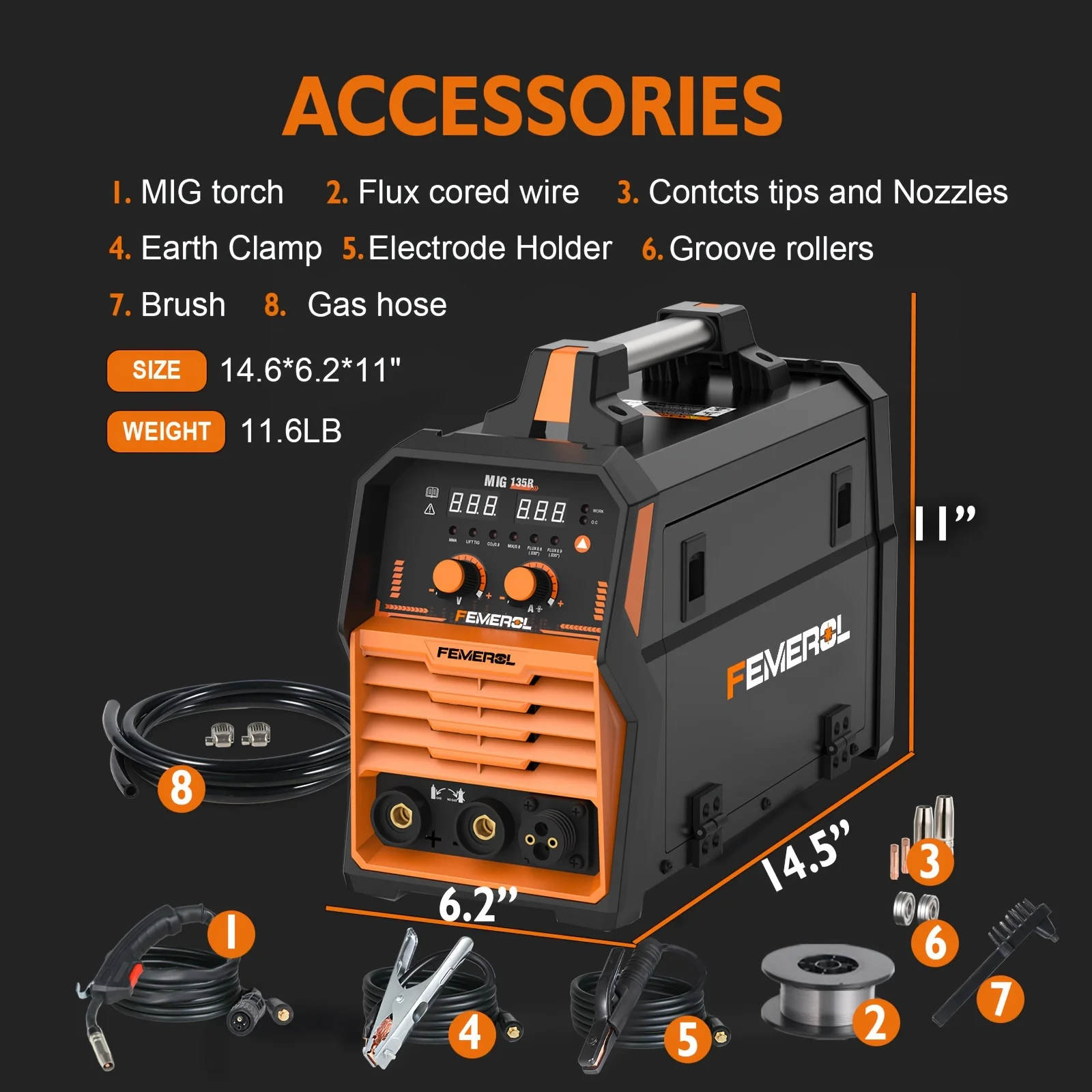 FEMEROL 4 In 1 Welding Machine 135A Flux Cored MIG Lift TIG Stick ARC Welder 110V Synergic Control Portable Hot Start MIG Welder