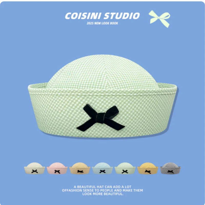 Korean Version Cute Sweet Bow Plaid Sailor Hat Spring and Summer Flipped Brim Versatile JK Dome Beret Cap for Women's 4