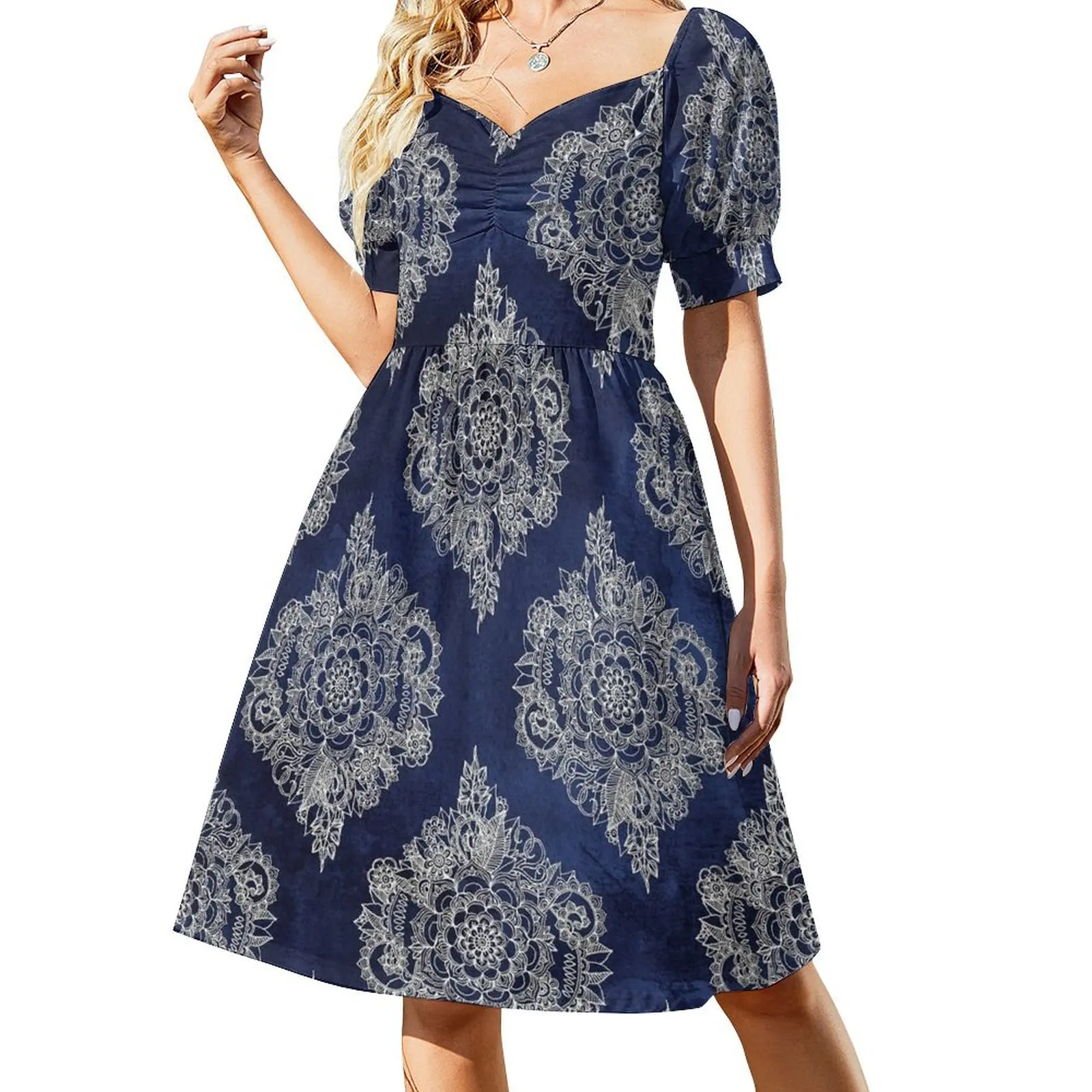 

Cream Floral Moroccan Pattern on Deep Indigo Ink Dress dress summer 2024 women Long dress woman clothes for woman