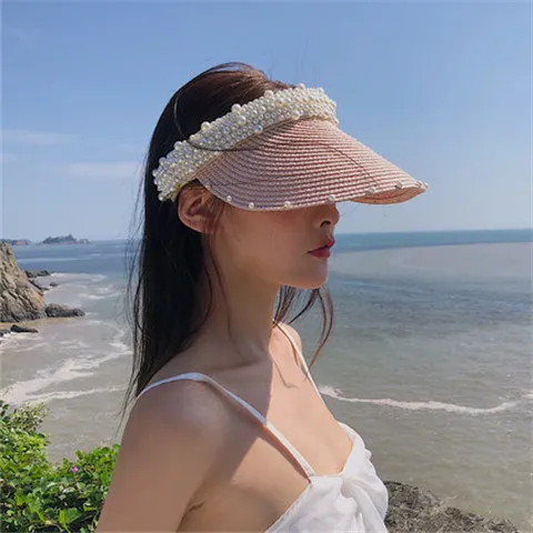 Women Girls Sun Visor Hat Wide Brim Straw Beach Caps Adjustable Summer UV Protection Faux Pearls for Travel