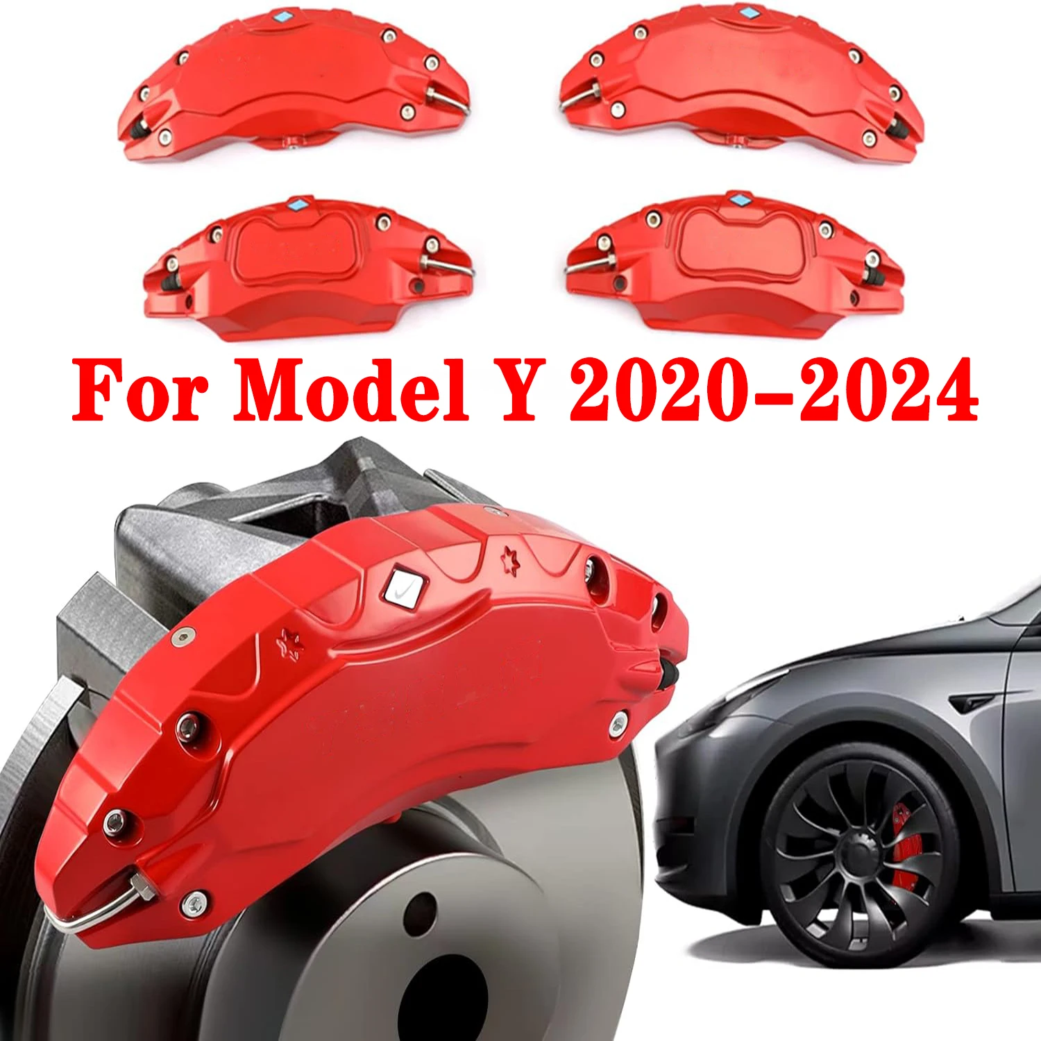 

4PCS Brake Caliper Covers For Tesla Model Y 2020-2024, 19 20 Inch Red Wheel Hub Front and Rear Brake Caliper Covers