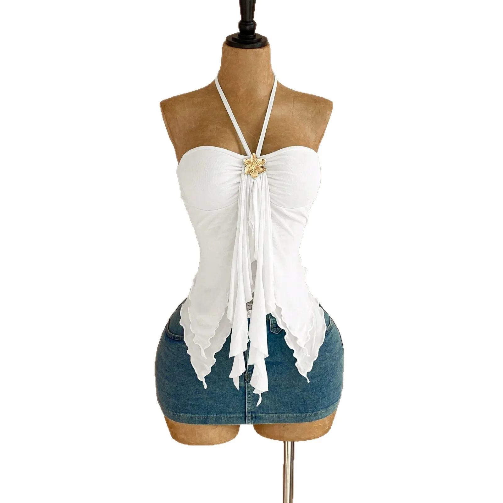 2026 Summer New Double-layer Mesh Neck Tube Top Irregular Dovetail Pendulum Top Cw59641