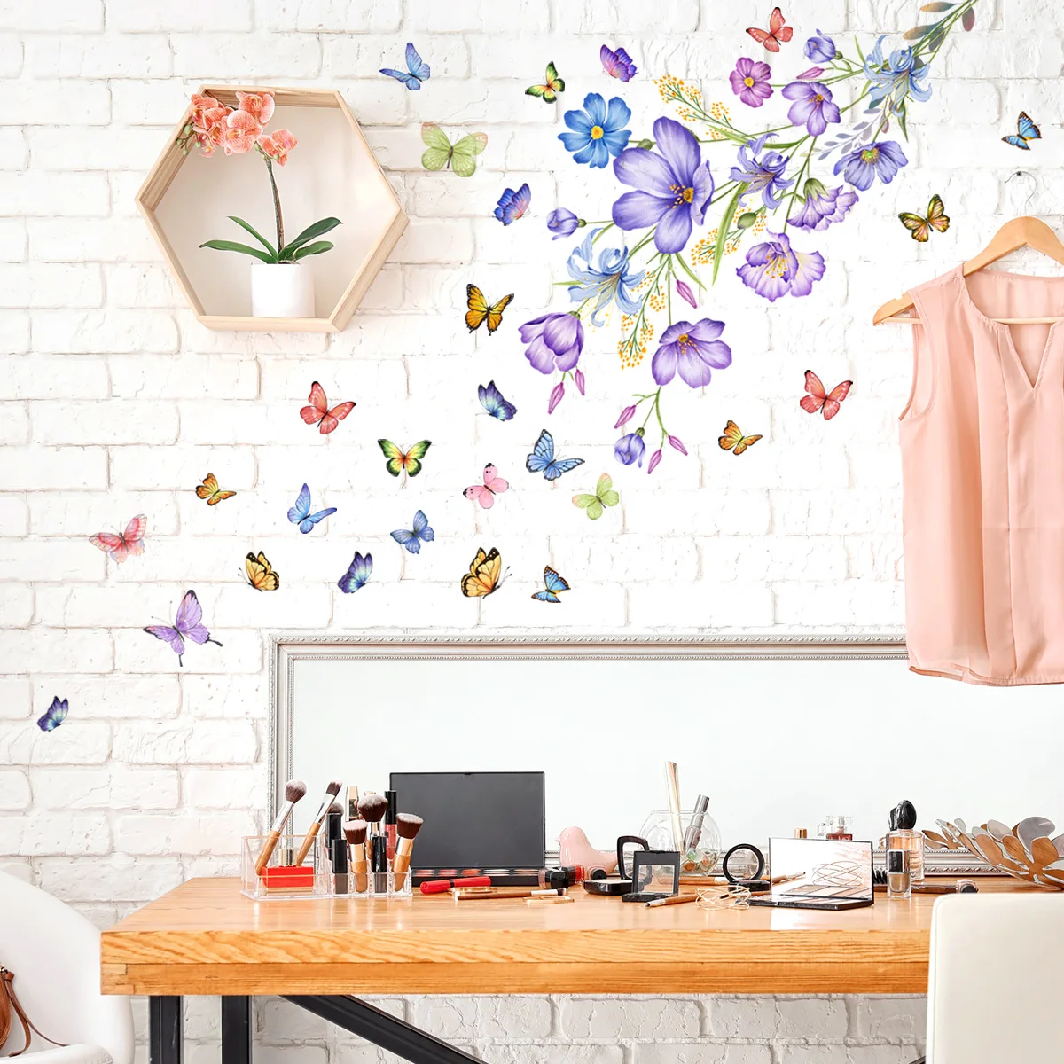 

2pcs Plants And Flowers Color Butterfly Wall Stickers Background Wall Living Room Bedroom Restaurant Decoration Wall Stickers