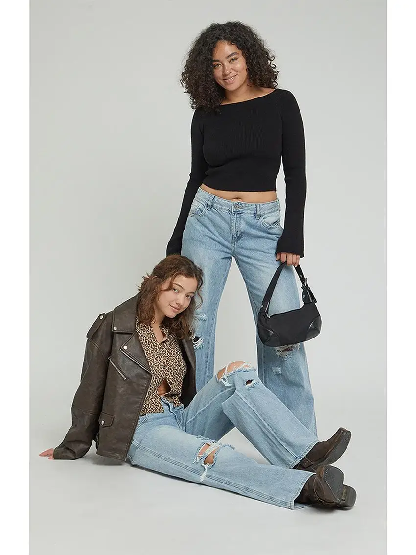 Loose Low Waist Knee Hole Indigo Medium Size Casey Jeans PacSun Wide Leg Jeans Blue Color Denim Fabric Spring Season