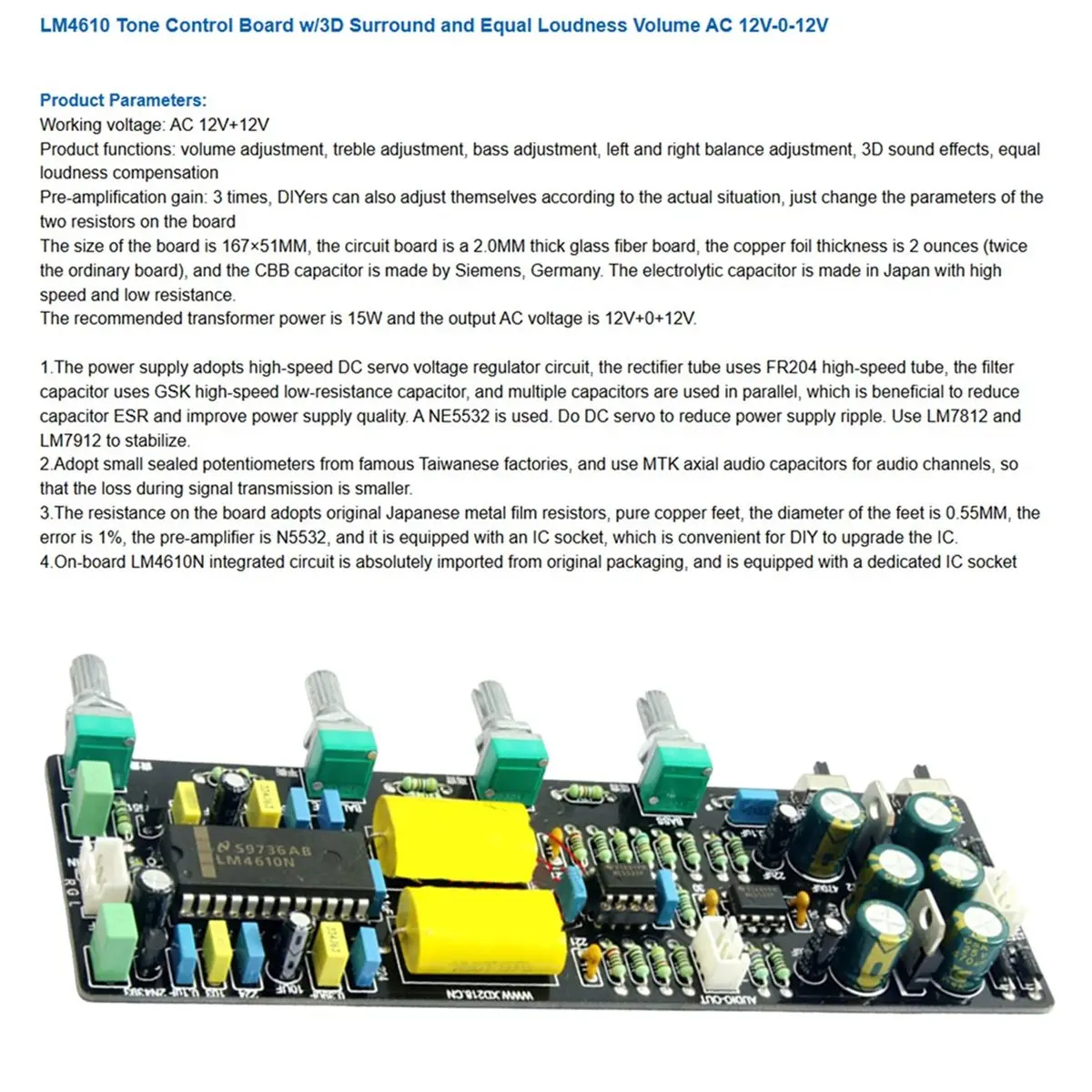 LM4610 Tone Control Board with 3D Surround and Equal Loudness Volume, HiFi Stereo Preamp Module, AC 12V-0-12V