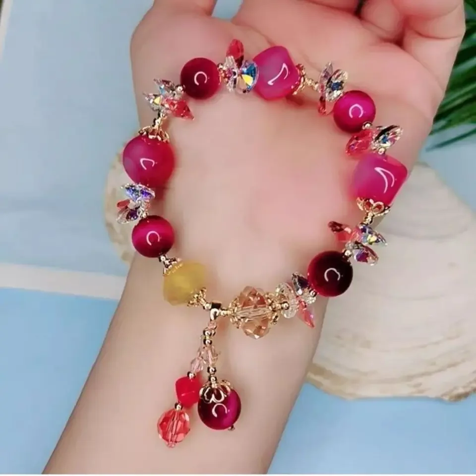 Austrian Crystal Natural Agate Half Treasure Wangfu Tiger Eye Bracelet Fashion Tassel Good Lucky Hand String for Women Jewelry