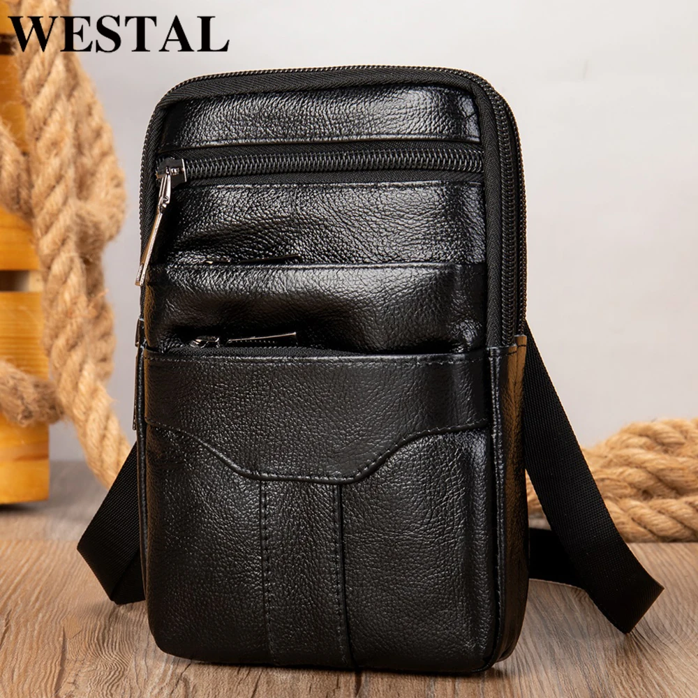 Bolsa de ombro pequena Westal para homens, couro genuíno, mini sacos de cinto masculino, bolsa de cinto esportivo masculino, bolsa de telefone crossbody