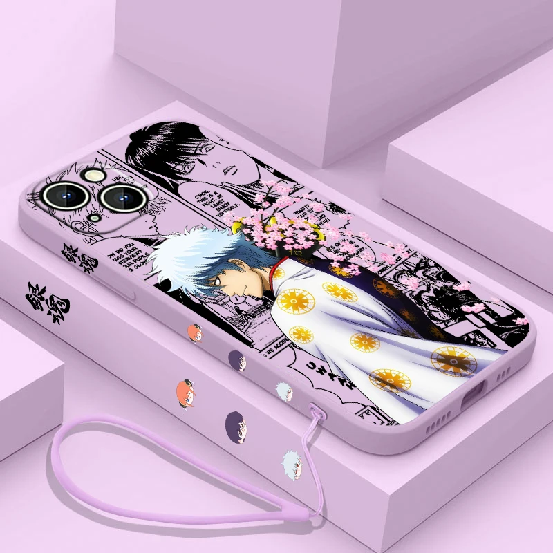 Gintama Sakata Gintoki Phone Case For Apple iPhone 15 14 13 12 11 Pro Max Plus 8 7 SE Liquid Left Rope Capa Cover