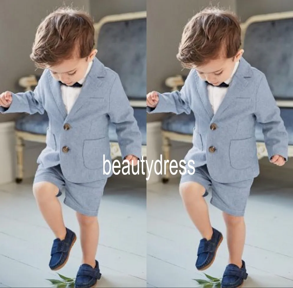 Short Linen Boys Tuxedos For Beach Hobo Summer Wedding Suits Kids Birthday Party Formal  Sets Ring Bearer  (Vest +Pants))