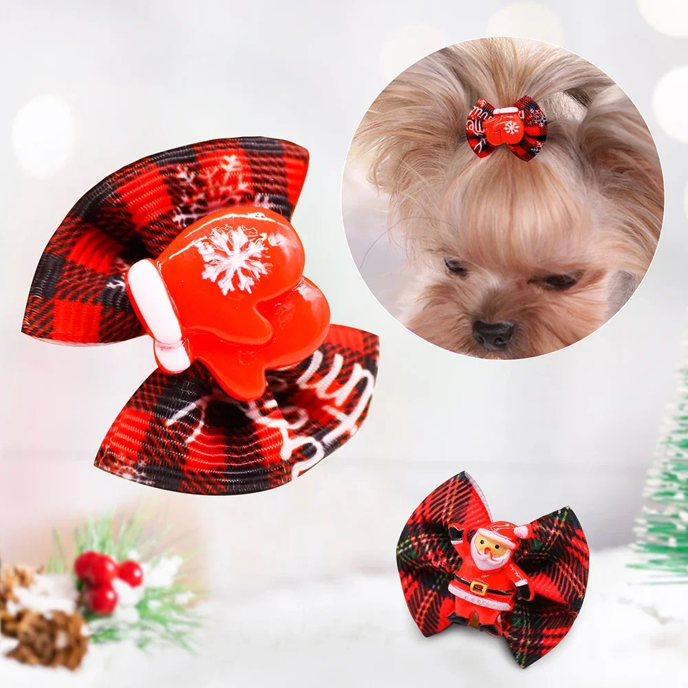 10PCS Christmas Dog Hair Bows Dog Accessories with Rubber Bands Dog Bows for Small Snowflake Hair Accessories Pet Grooming