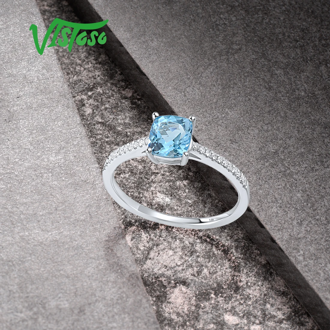 VISTOSO Genuine 14K 585 White Gold Stackable Ring For Women Sparkling Diamonds Blue Topa Tapper Wedding Anniversary Fine Jewelry
