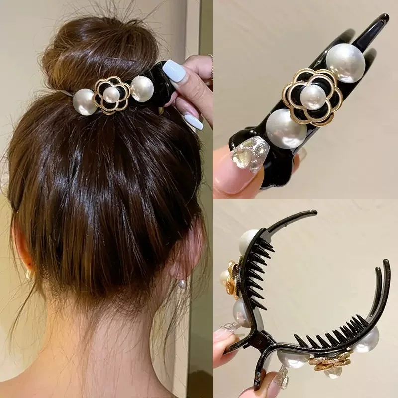 Retro Camellia Pearl Hair Claw Women Girls Ponytail Holder Grab Clip Jewelry Hair Ornaments Styling Tools Hairpin Accessories