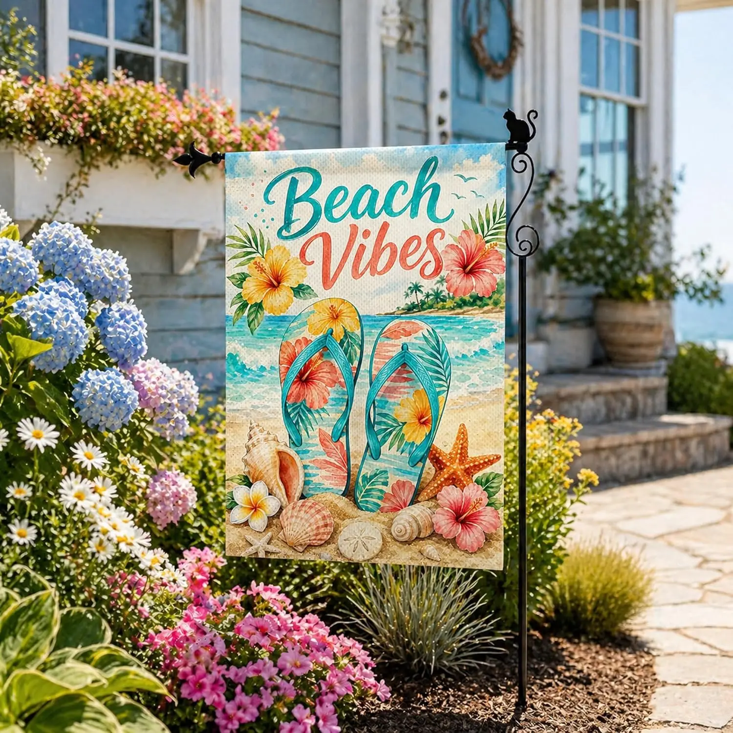 Beach Vibes Flip Flops Garden Flag, Double Sided Coastal Outdoor Yard Flag, 12 x 18 Inch Burlap Seasonal Porch Patio Lawn De jjp