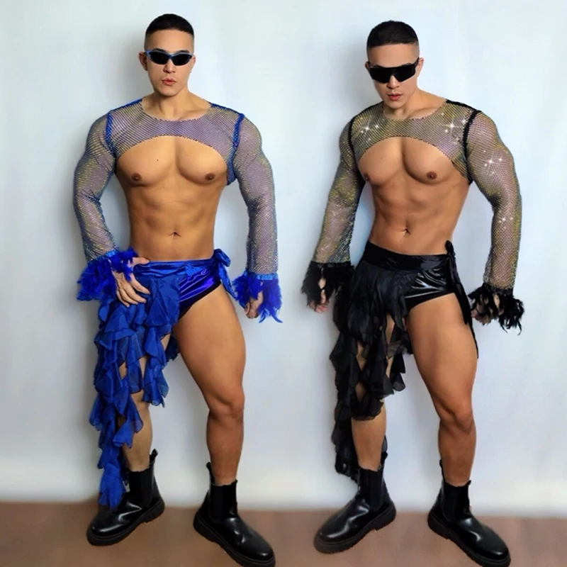 

Muscle Men Gogo Dance Costume Sexy Shiny Mesh Top Men's Festival Suit Nightclub Bar Party Show Rave Clothing Blue Black yj916