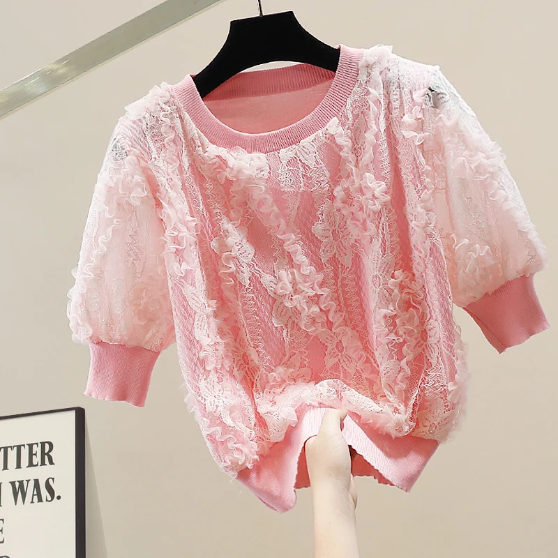 

Korean Sle ort Sve round Ne Knitted Top Heavy Embroidery Lace Splice Faionable Design Spring Season Women's irt