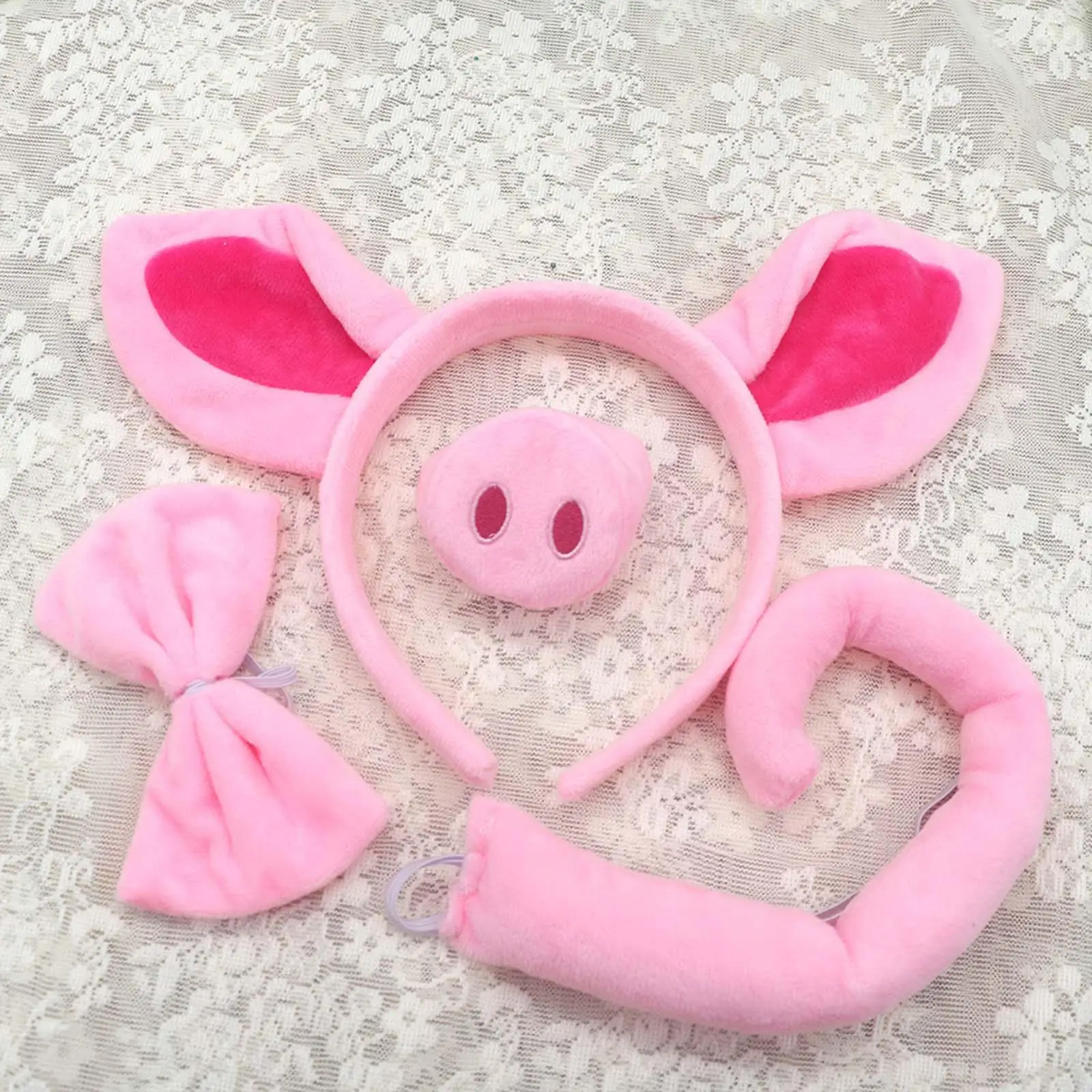 Pig Costume Hairband Elastic Strap Ears Headband Nose Bowtie Tail Cosplay Set for Carnival Animal Themed Parties Halloween Kids