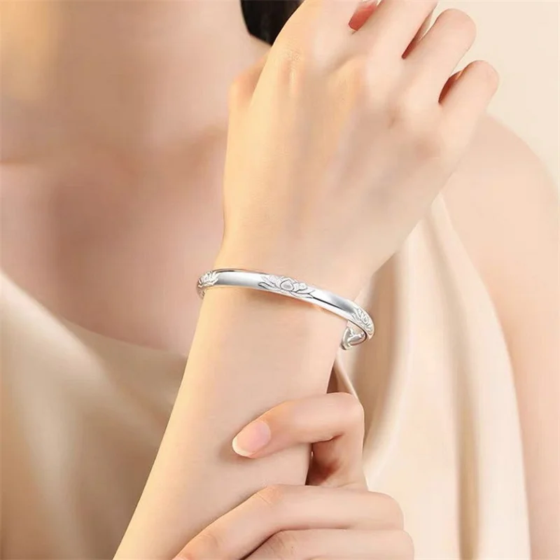 999 Sterling Silver Push Pull Adjustable Bangle for Women Engraved Lotus Flower Cuff Bracelet Vintage Oriental Lucky Fine Jewelr