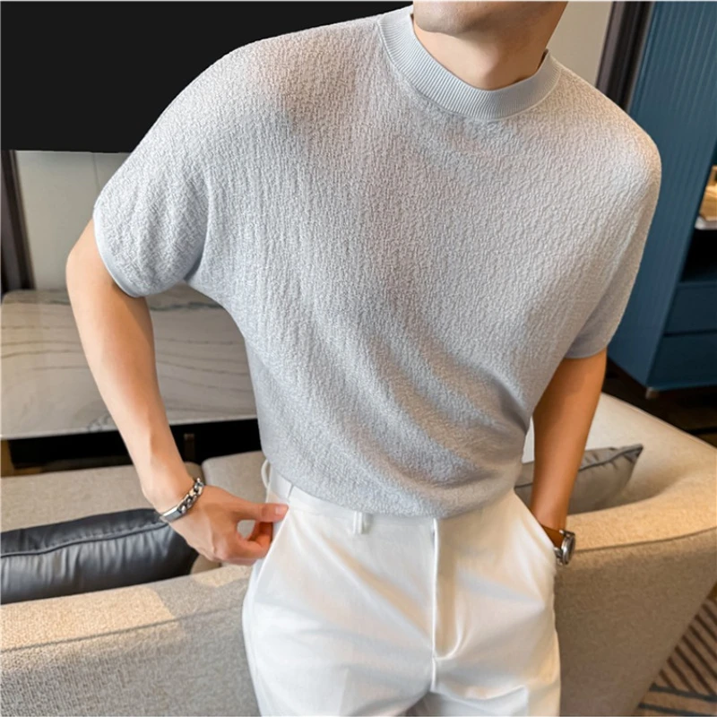 Men's Summer Short Sleeve T-Shirt Knitted Crew Neck Loose Fit Drop Shoulder Ice Silk Cooling Base Layer Top