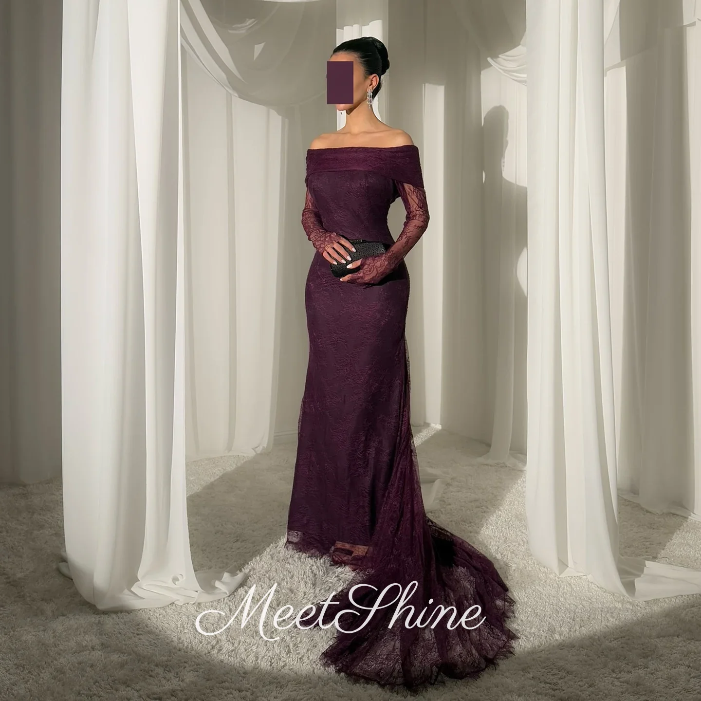 

Vintage Purple Mermaid Off Shoulder Lace Prom Dresses Elegant Long Sleeves with Overskirt Evening Dress Saudi Arabia Customized