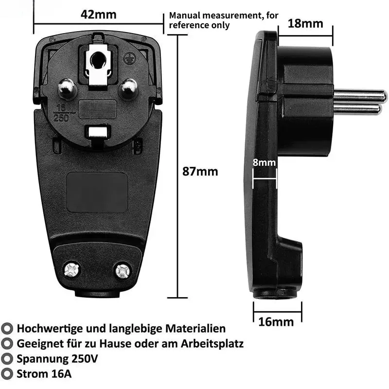 German and French Universal Plug with A Curved Ultra-slim Euro-standard German Pull-ring Self-assembly European Power Cord Plug