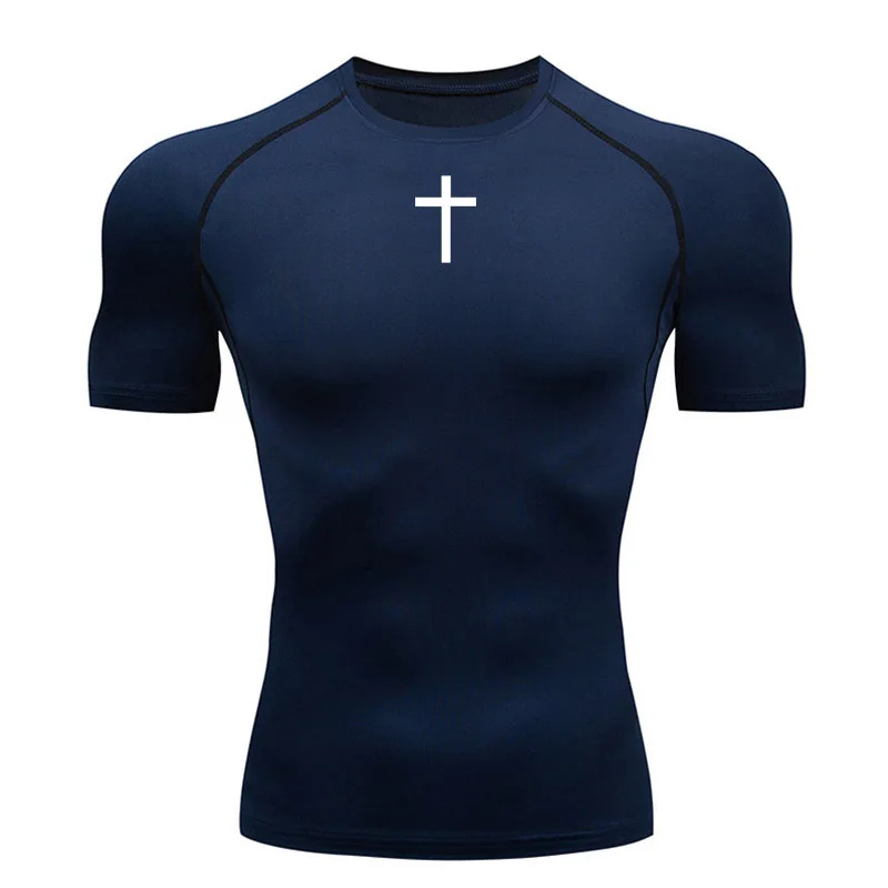 2024 Men\'s Gym T-Shirt Running Short Sleeve Shirt Compression Sportswear Quick Dry Black Cross Print Sports Bodybuilding T-Shirt