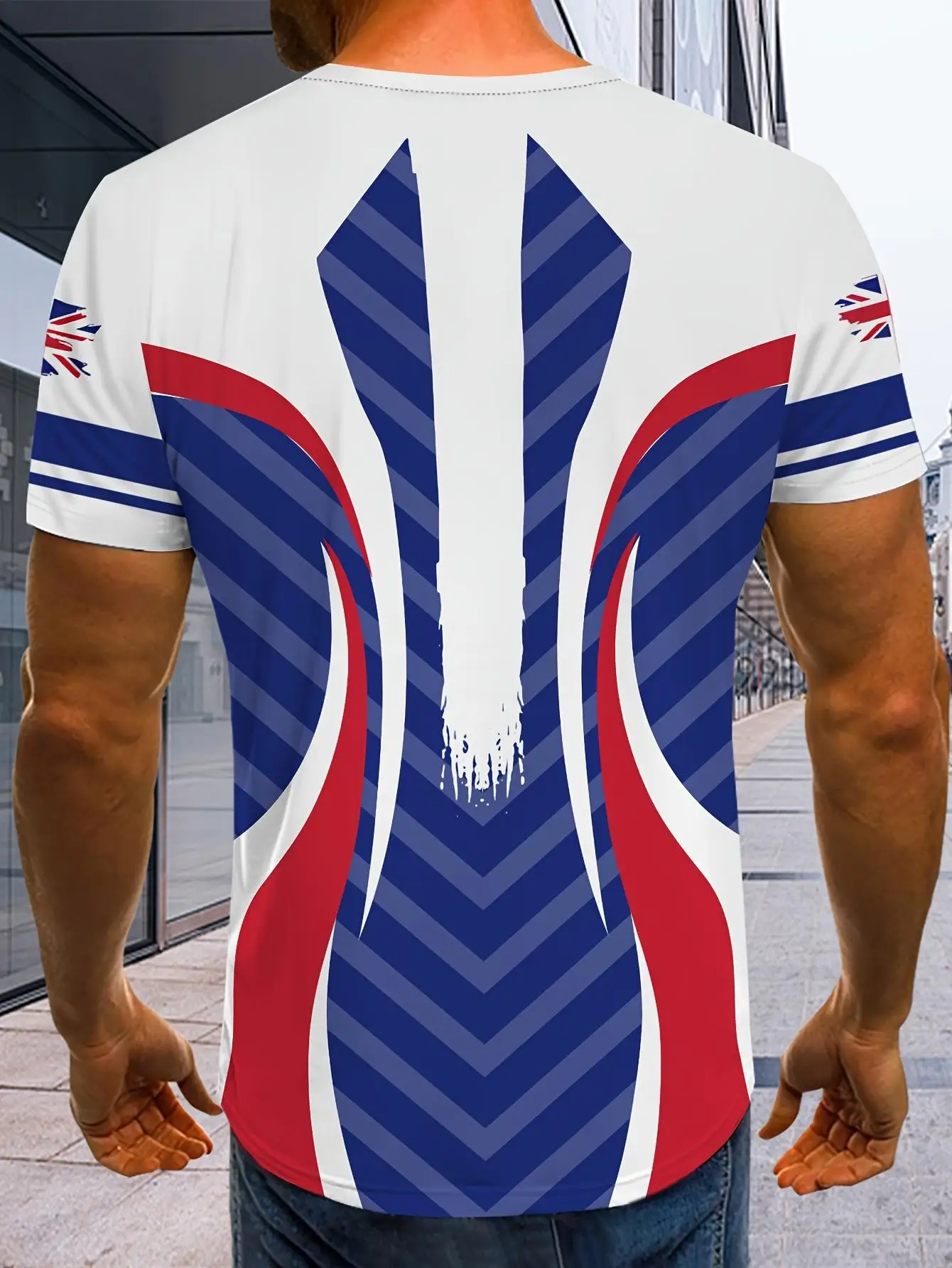 Men UK Flag Union Jack Red Blue White Chevron Stripe Graphic Print Tee O Neck Short Sleeve Casual Top