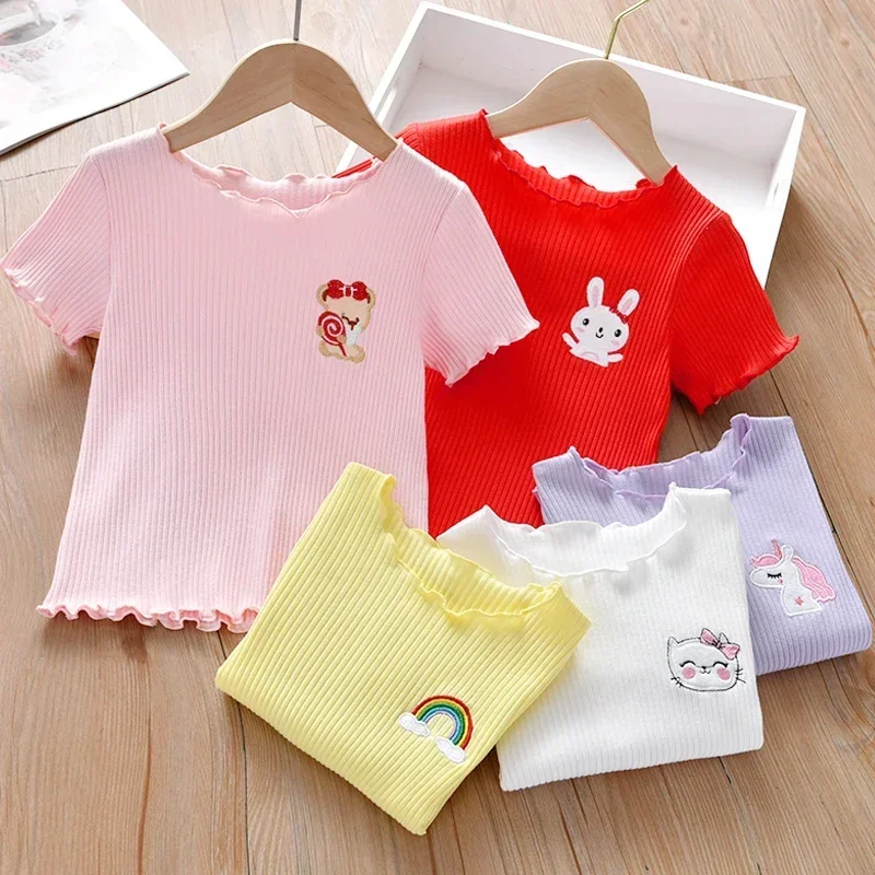 Girls Embroidered Short Sleeve T-Shirt Ice Silk Summer Top with Ruffle Trim Stretchy Soft for Toddler Baby 1-6 Years image 2