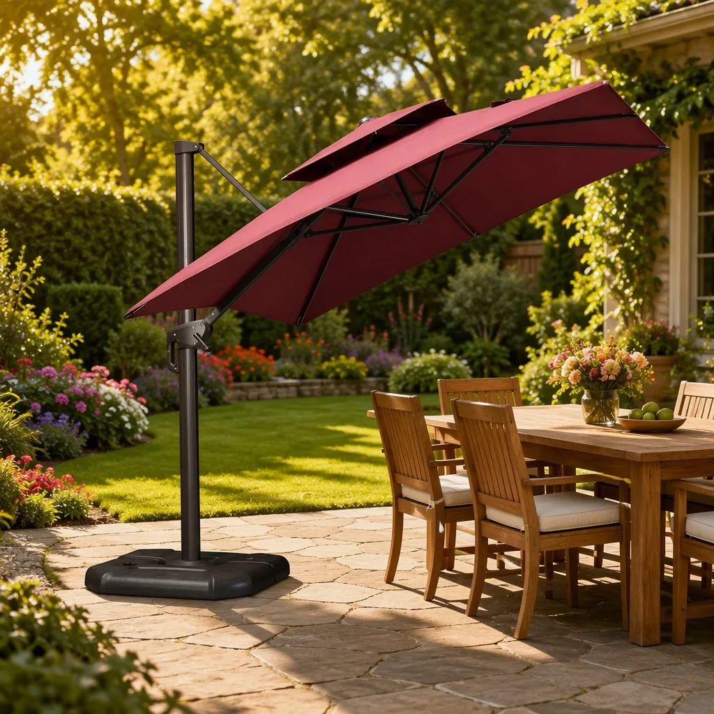 Cantilever Solar LED Patio Umbrella 10ft, UV-Resistant Windproof Outdoor Offset Parasol, Heavy Duty Hanging Canopy for Garden