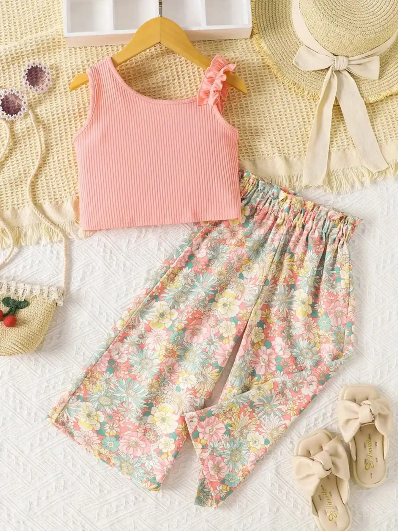 Children's Clothing Set Summer Bohemian Style Solid Color Ruffled Vest Top + Printed Elastic Waist Wide Leg Pants Casual Set