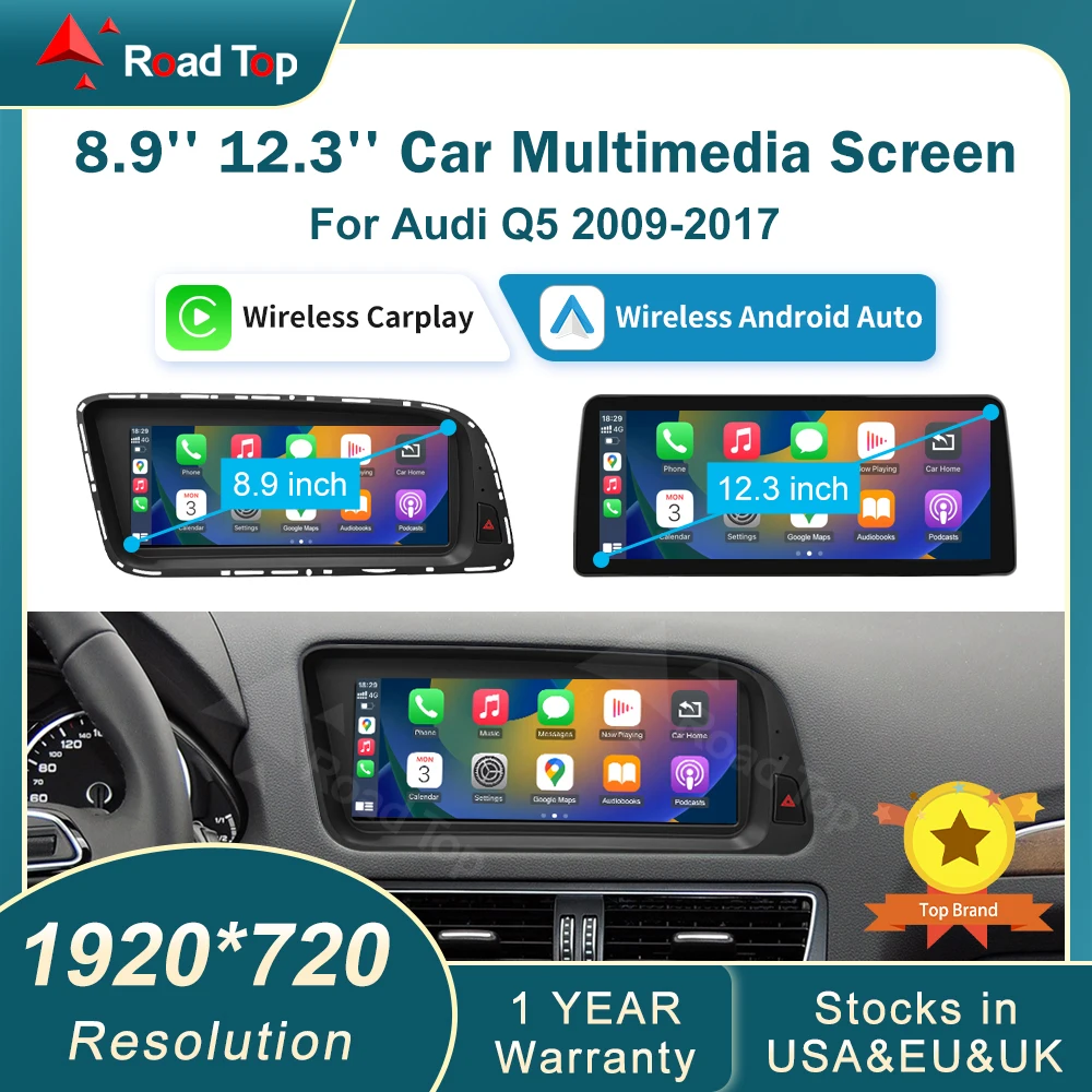 RoadTop 12.3 inch Wireless CarPlay Multimedia Ultra-thin Screen Android Auto For Audi Q5 2009-2017 Airplay Autolink Function
