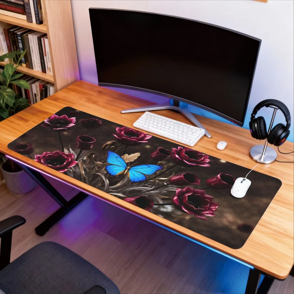 Deep red flowers and blue butterfly mouse pad - elegant desktop accessories, suitable for PCs modern office computer accessories
