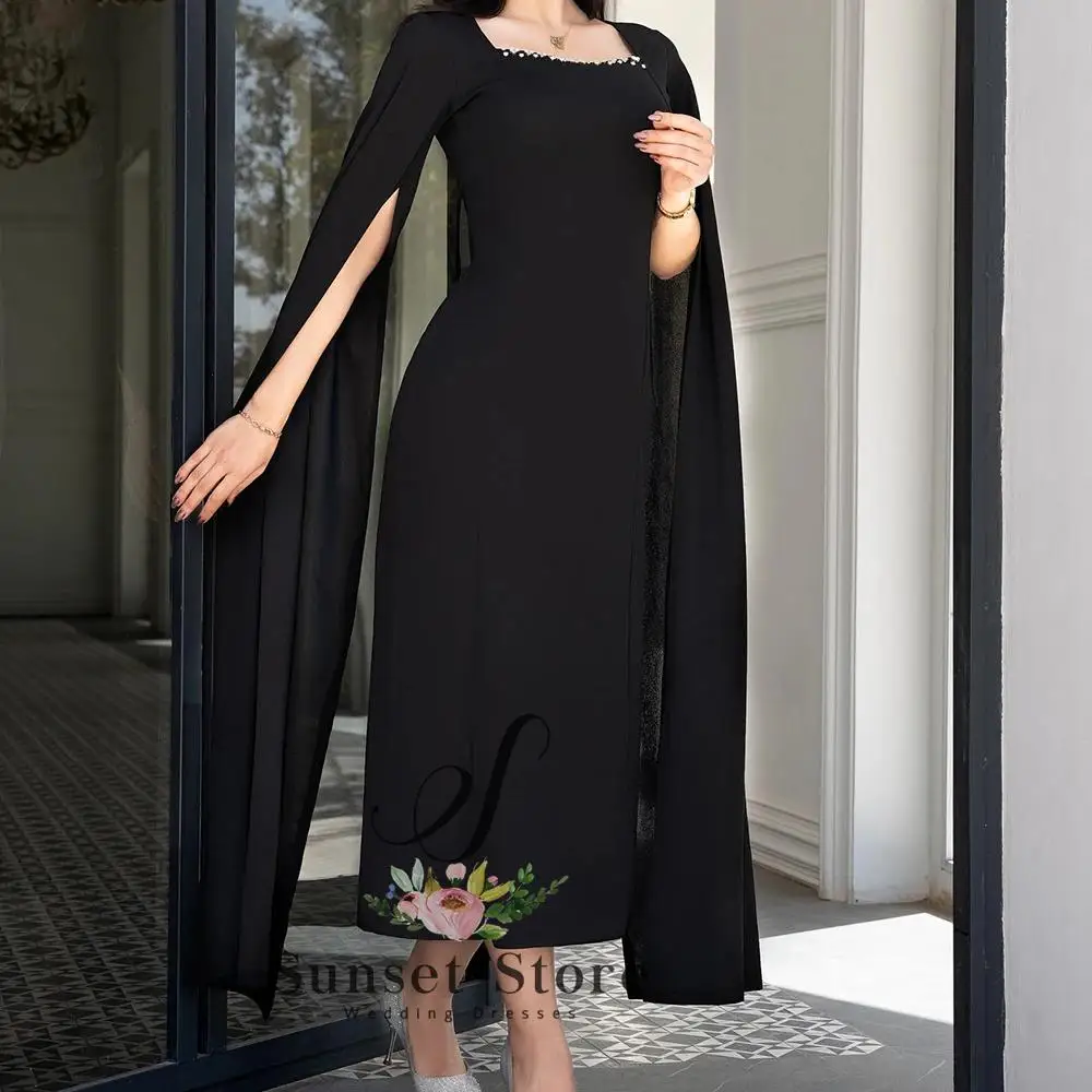 Customized A-line Evening Dresses Ankle-length Square Collar Full Sleeve Prom Gown Fashion Crystal Simple Draped Party Gown