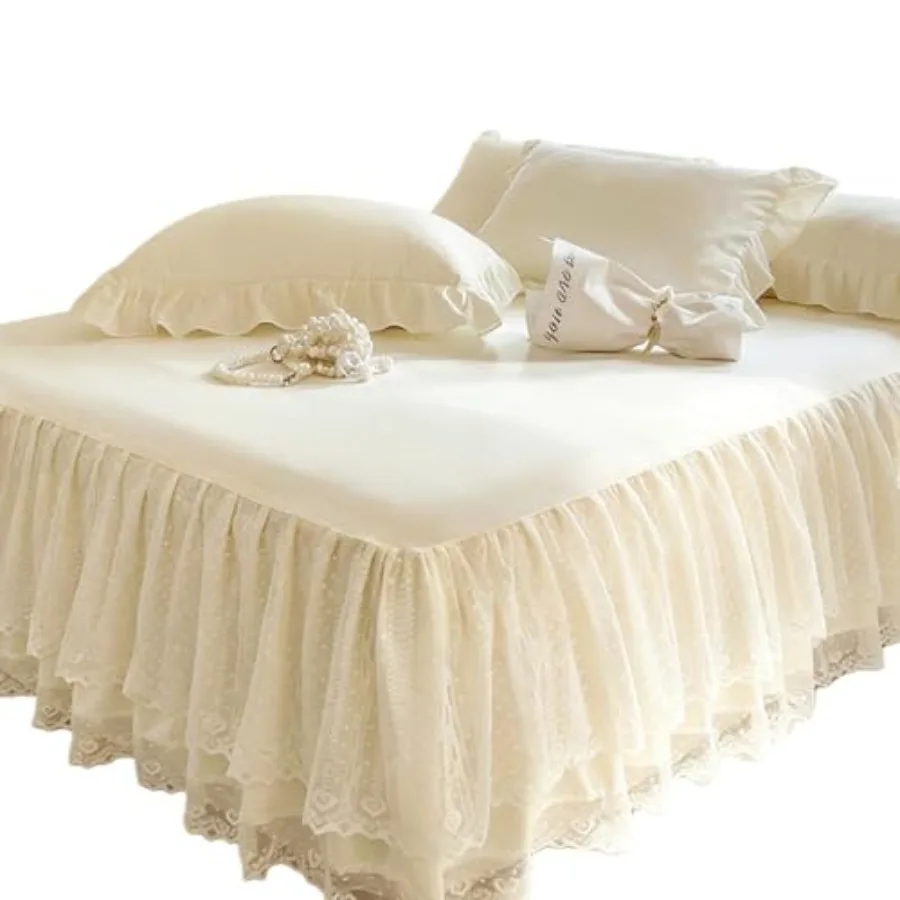 

Lace Bedskirt with SheetDust Ruffle Bedskirt with Two Lace Layers 17.7" Drop CD-001Beige Queen