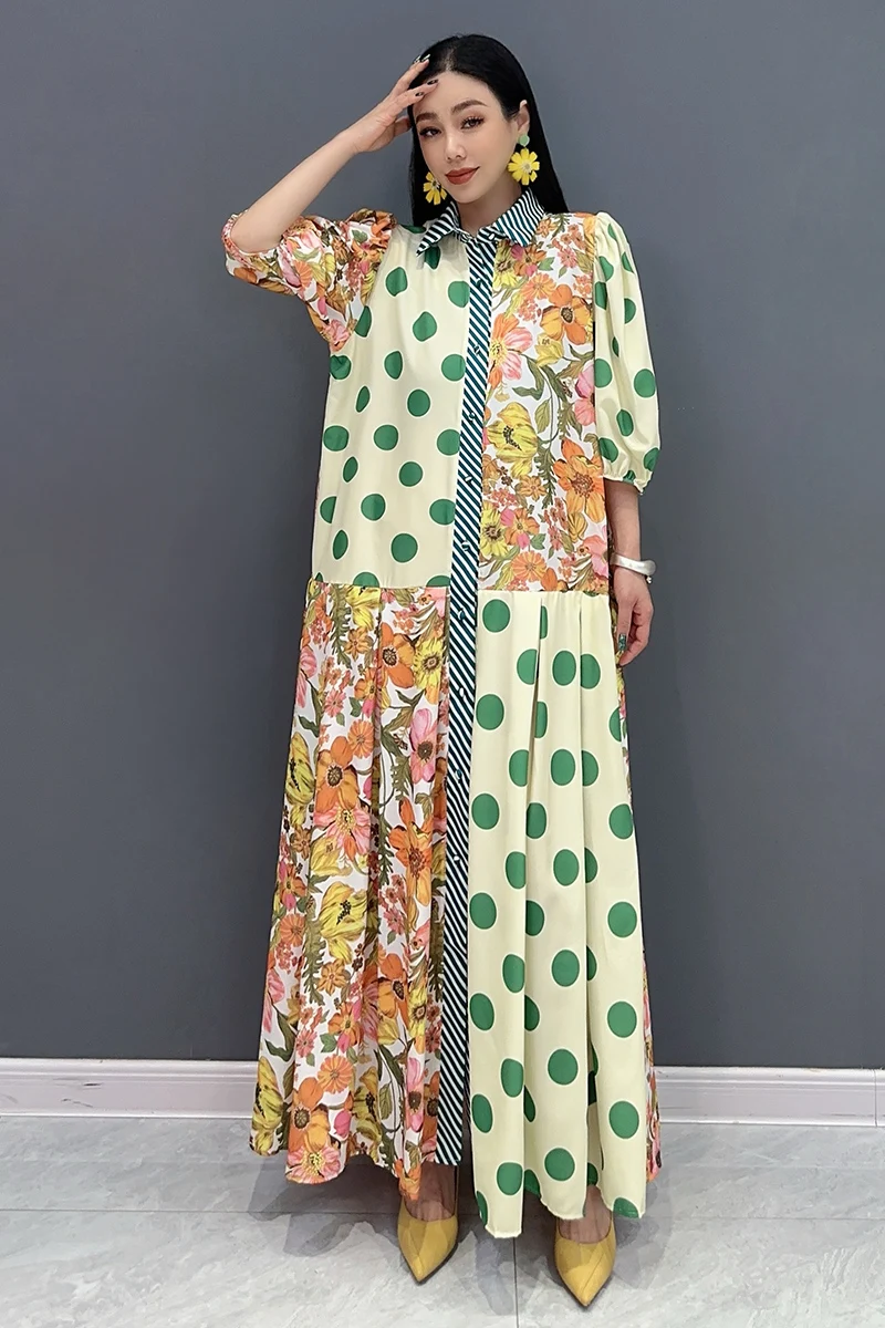 Summer New Elegant Women Printed Loose Long Dresses Female Fashion Lantern Sleeve Dress Wholesale