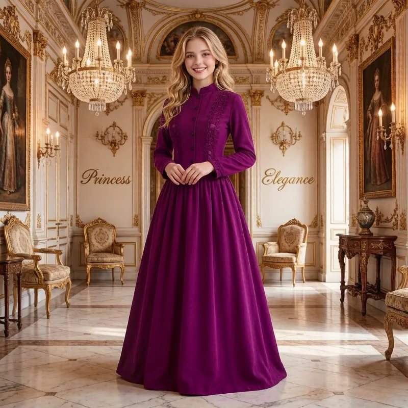

Purple Women Halloween Medieval Long Dress S-3XL, Retro Stand Collar Lolita Gown, Flared Hem Gothic Cosplay Costume for Party