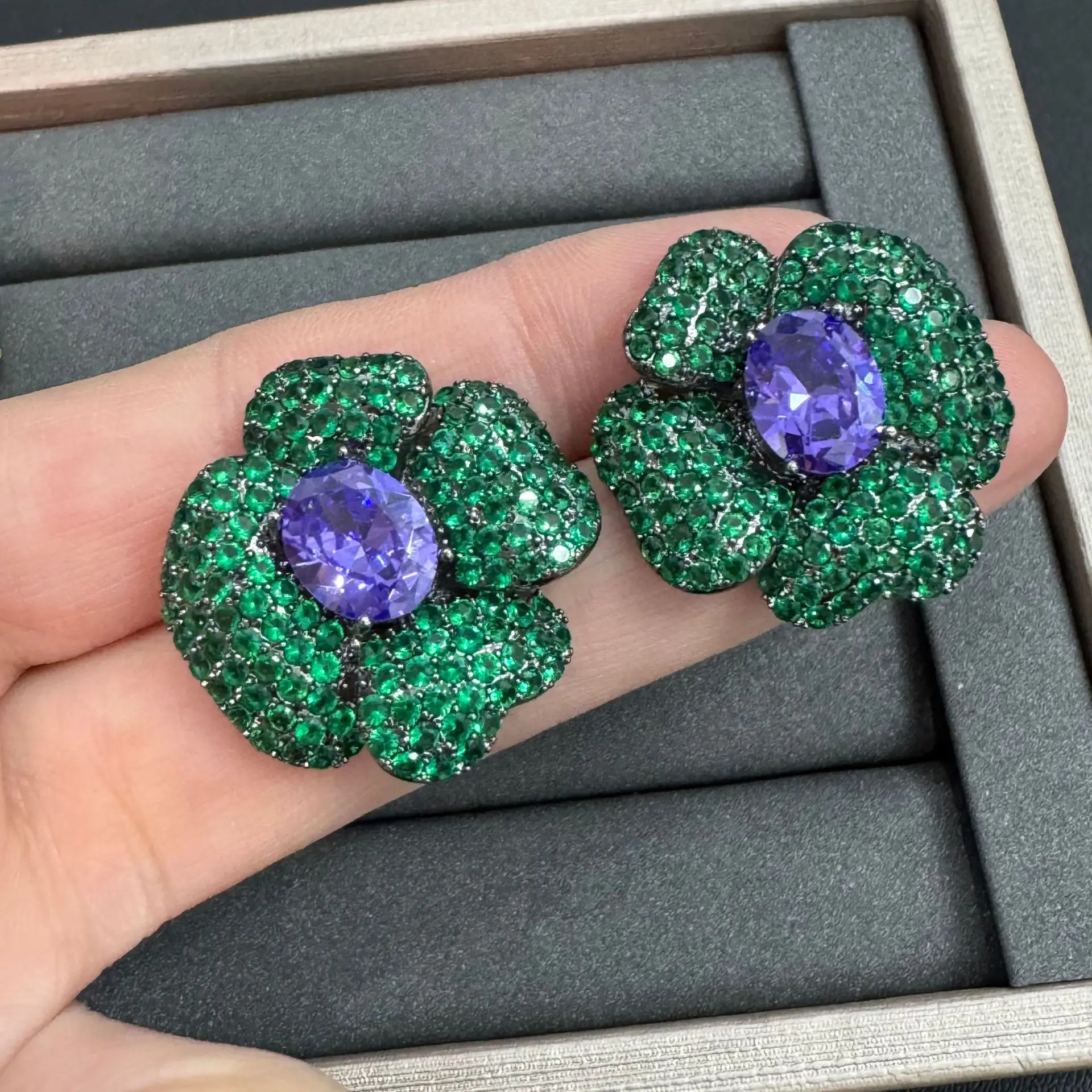 

zircon stud earrings for women shiny jewelry green blue fushia yellow flower petals earrings women gala event party gift female