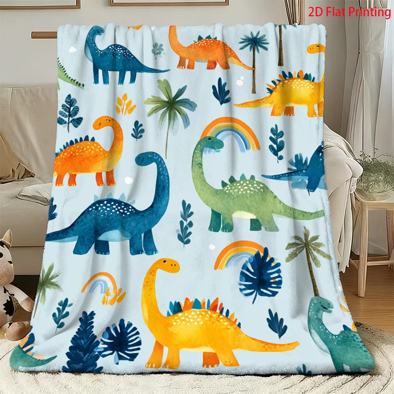 Cartoon Watercolor Dinosaur Print Blanket, Rainbow Palm Tree Kids Art Soft Flannel Blanket Home Bed Travel Holiday Special Gift