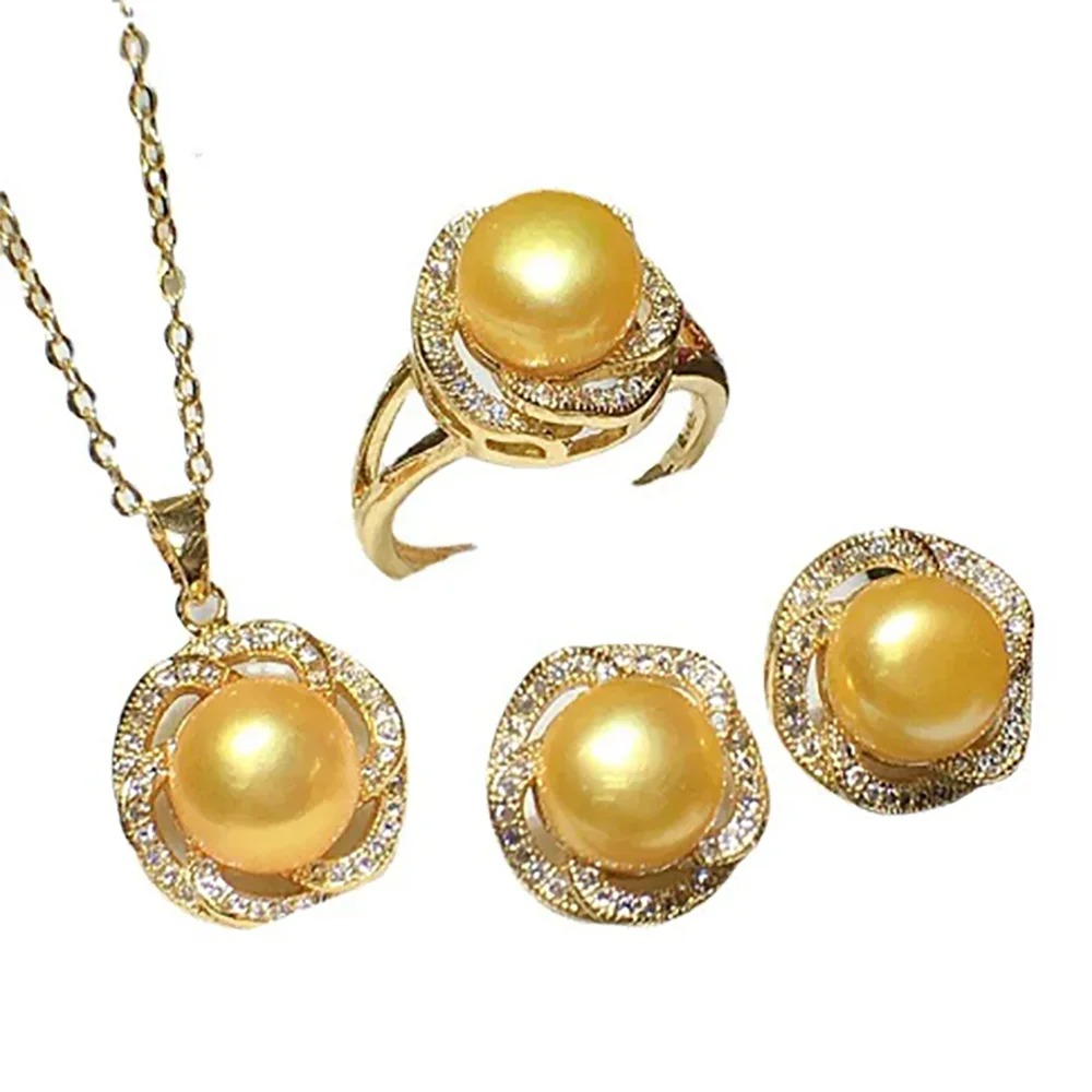 

New Shiny Crystal Flower Design Natural Freshwater Pearl 14k Gold Filled Female Jewelry Set Necklace Earrings Rings For Women