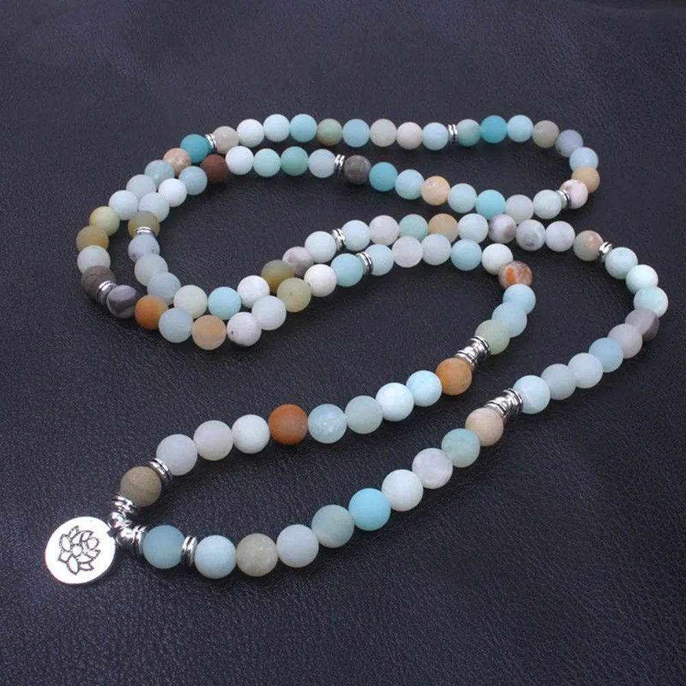 

8mm Amazoniteite 108 Bead Lotus Pendant Stretch Bracelet Charm Stackable Relief Men's Yoga MalaMeditation Gift Eco-Friendly