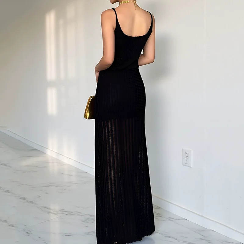 Vestido francês de malha sem costas com alça espaguete feminino verão transparente decote em V vestido longo e fino