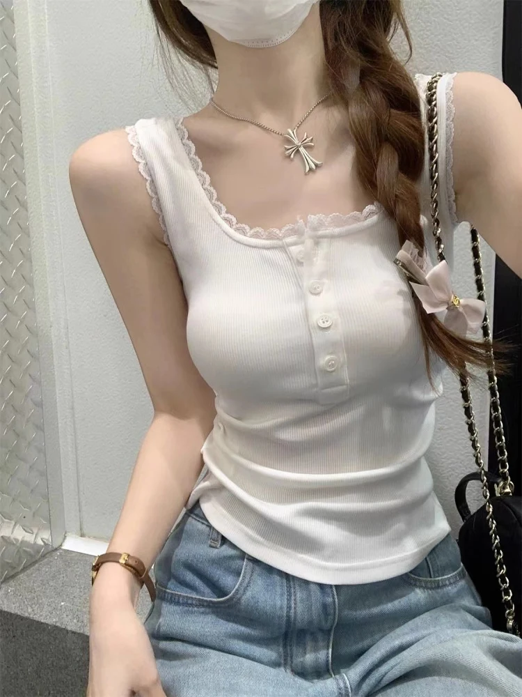 Summer New Style Women's Slim Fit Lace Strap Knitted Vest Breathable Sleeveless Square Collar under Shirt Beautiful Back Design