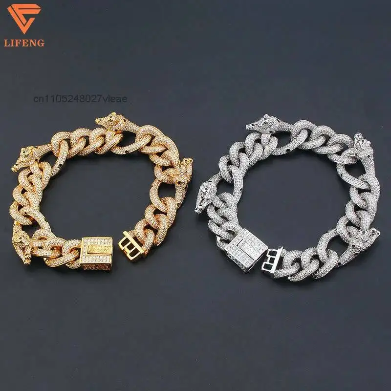 Fashion Hip Hop Jewelry 20mm Bangles Full Iced Out Panther Design 925 Silver Vvs Moissanite Cuban Chain Bracelet for Men