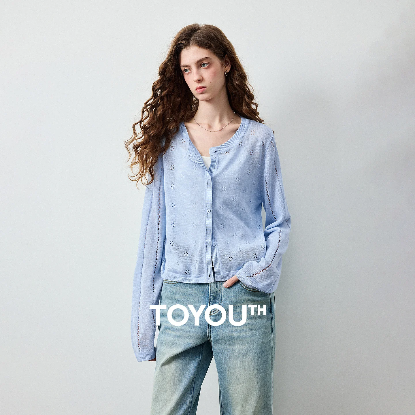 TOYOUTH Women's Slub Linen Knit Cardigan 2026 Autumn New Long Sleeve Hollow Out Crochet Thin Breathable Airy Casual Outerwear