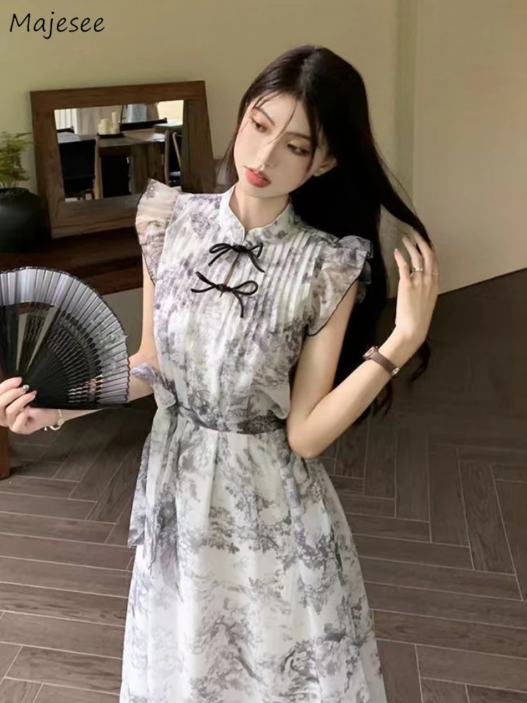 Dress Women Gentle Temper Chinese Style Tie Dye Designed Flying Sleeve Delicate Ruffles Sweet Summer Fairycore Vestidos Mandarin