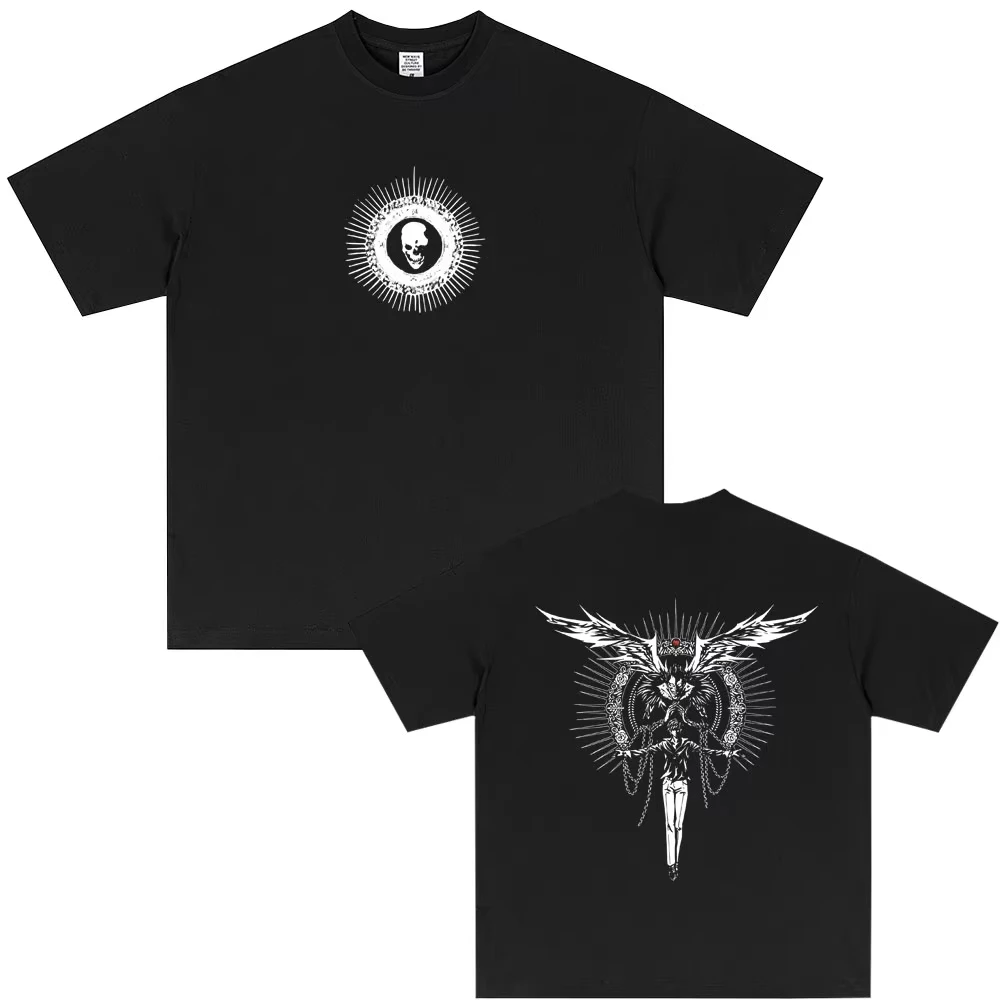 Unisex Vintage Oversized Hip Hop T-Shirt, Anime Death Note Graphic Tee with Yagami Light, Ryuk Skull Print Kanye West T-shirt