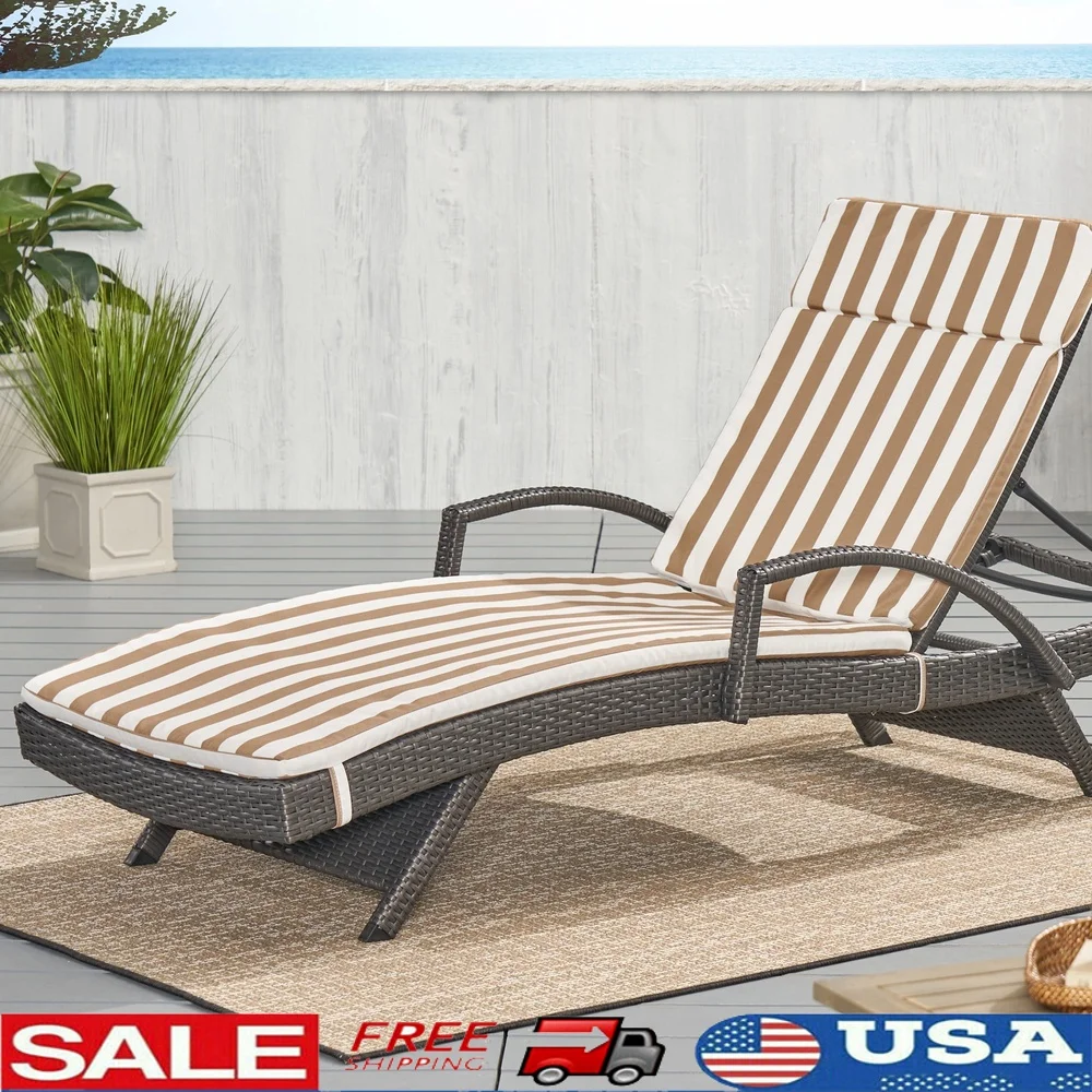 

Outdoor Chaise Lounge Cushion Water Resistant Fabric Brown White Striped Ties Comfortable Accessory Patio Backyard Decor