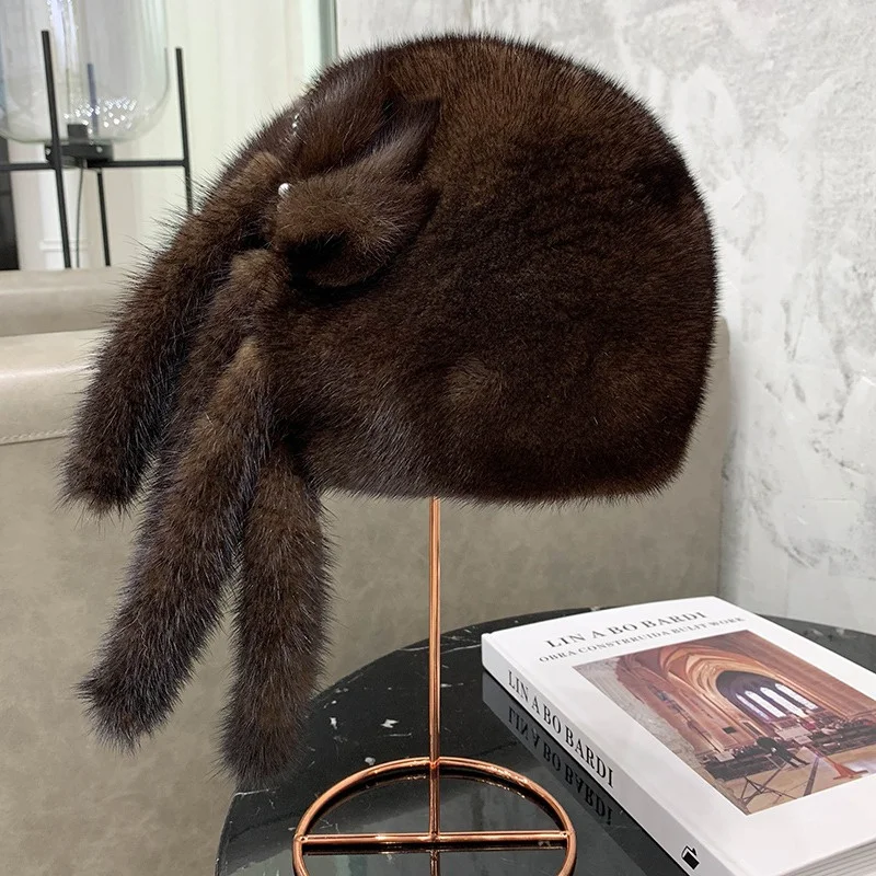 Winter Fashion Thickened Fur Straw Hat Mink Fur Ladies Warm Hat Elegant Fringe Decorative Outdoor Windproof Fur Hat