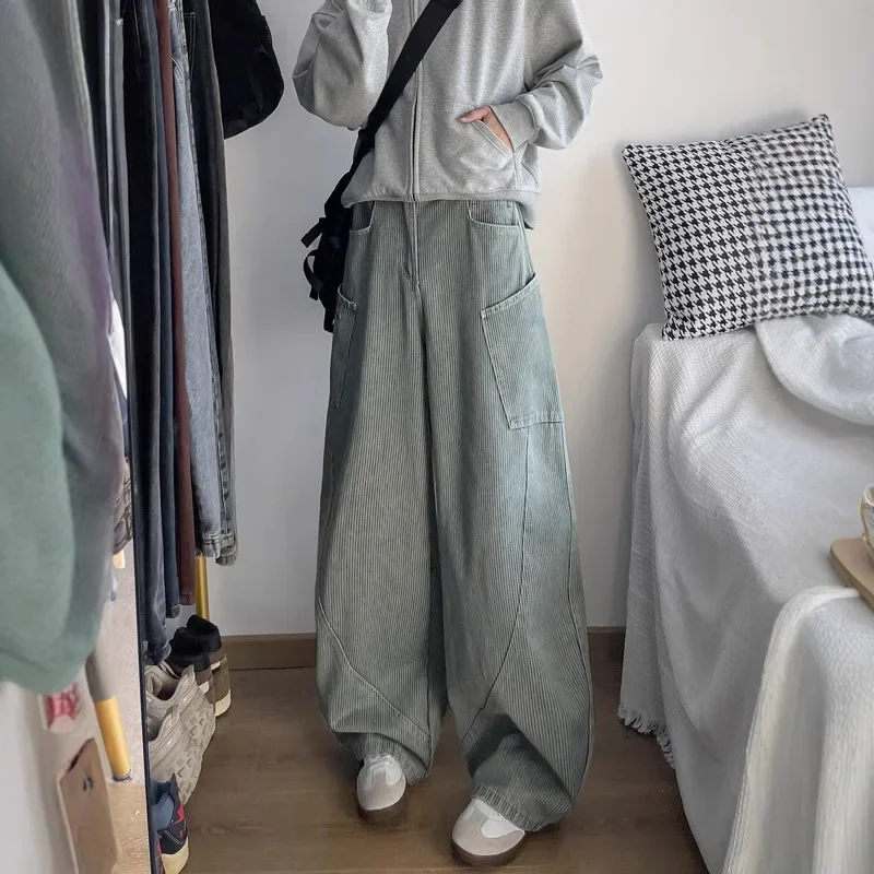 

Новые полосатые широкие мужские джинсы на молнии, свободные джинсовые брюки с высокой талией, джинсовые брюки полной длины, потертые карманы, осень 2023 г.