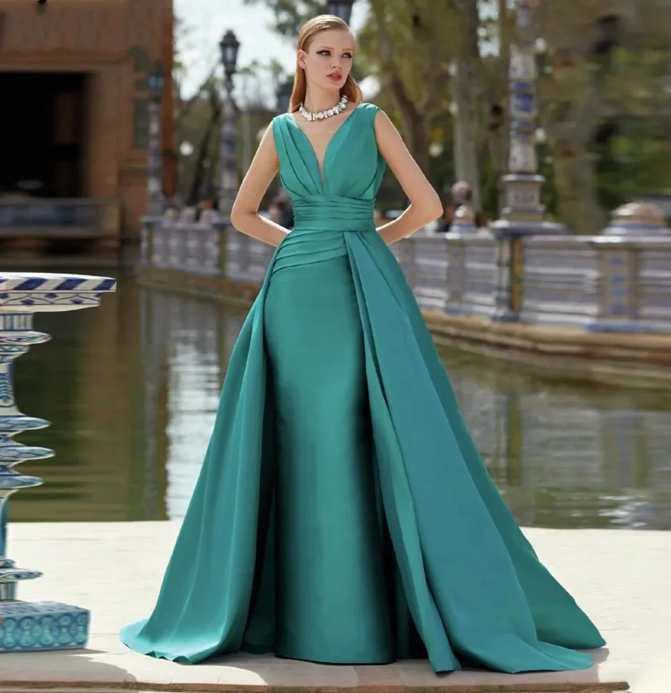 

Elegant Turquoise Evening Party Dress V Neck Sleeveless Pleats Satin Mermaid Long Prom Formal Gowns Banquet Robe De Soiree