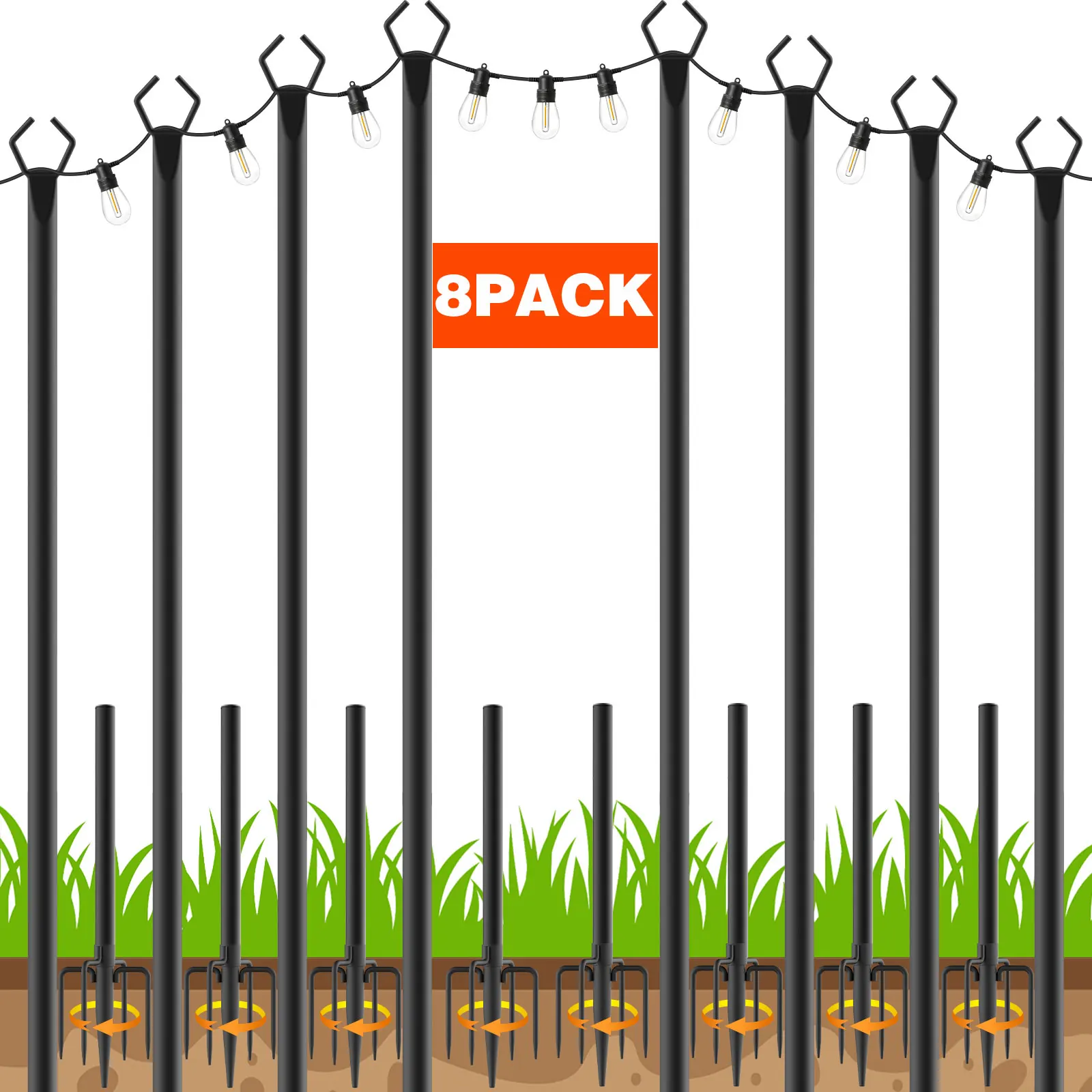 8 Pack Thickened Metal String Light Poles,10FT & 120Inch with Ground Fork Outdoor Hanging Post for Christmas Patio Garden Backyard Yard Festoon Globe String Lights Holder Outside Holiday Decor Accessories